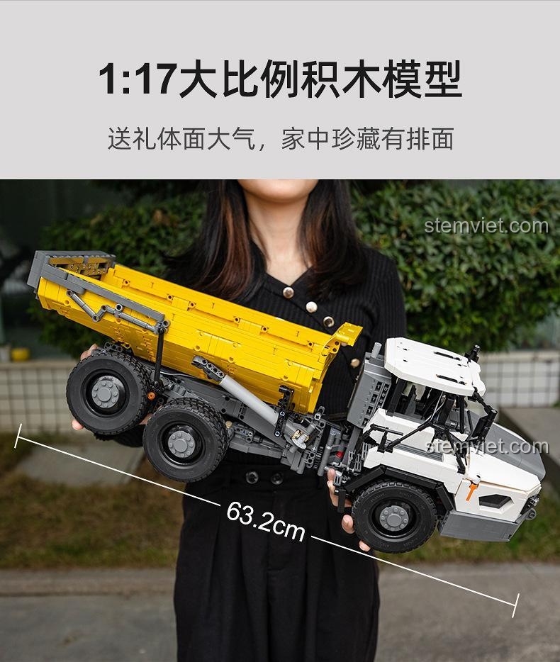 Kích thước thực tế của xe tải CaDA C61054, mô hình tỉ lệ 1:17, đồ chơi lắp ráp lớn, phù hợp trưng bày và chơi.
