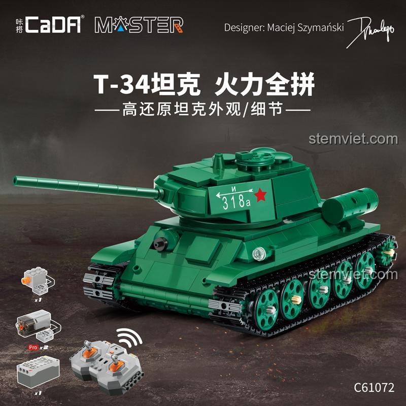 Hộp đồ chơi lắp ráp CaDA C61072 Xe tăng T-34, hiển thị tính năng điều khiển từ xa và số mảnh ghép