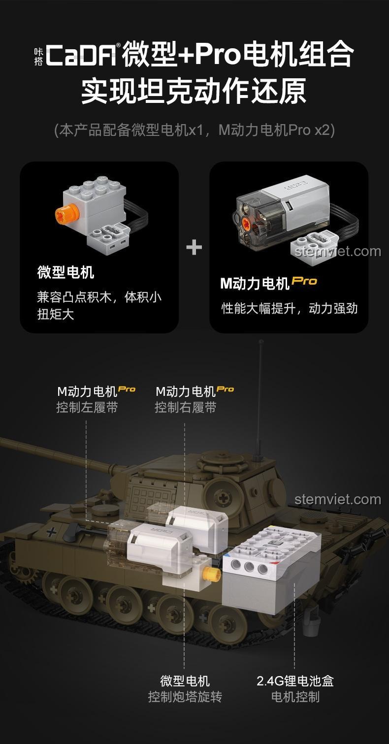 Sơ đồ hệ thống động cơ của bộ đồ chơi CaDA 61073, bao gồm động cơ vi mô và động cơ M-power Pro.