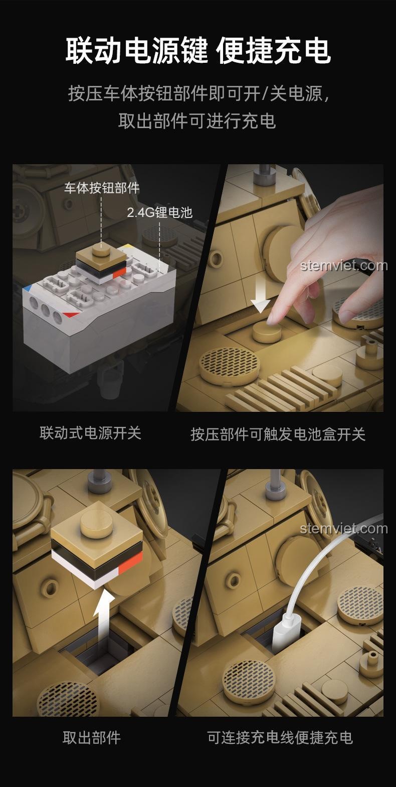 Hướng dẫn sạc pin tiện lợi cho xe tăng Panzerkampfwagen V 61073, với công tắc nguồn và cổng sạc dễ tiếp cận.