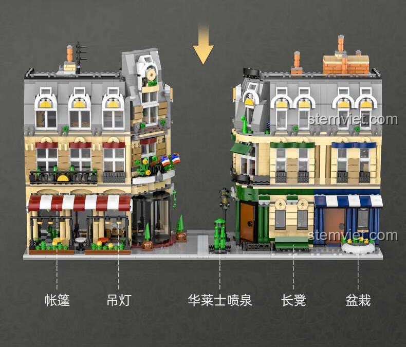 Tính năng thay đổi trang trí mặt tiền của CaDA C66009 Mô hình nhà hàng kiểu Pháp.