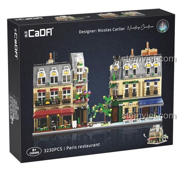 Hộp sản phẩm của bộ đồ chơi mô hình CaDA C66009 Nhà hàng Paris, thể hiện hình ảnh tòa nhà và thông tin 3230 chi tiết, độ tuổi 8+.