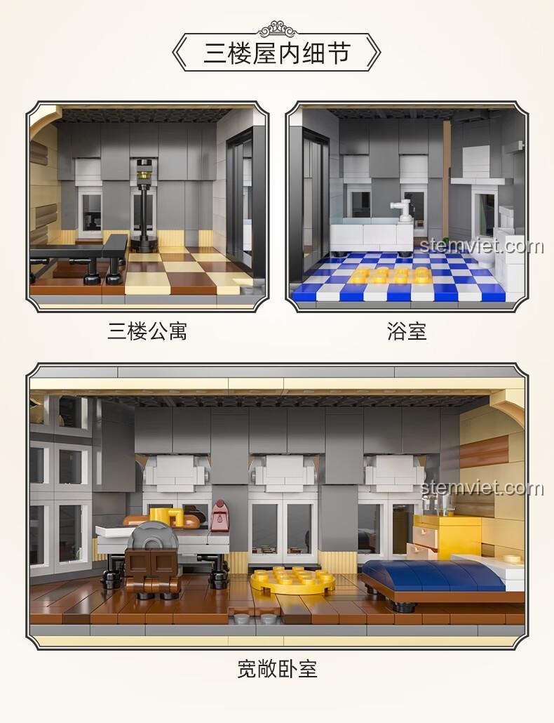 Chi tiết nội thất tầng hai của bộ xếp hình Tòa nhà kiến trúc Pháp CaDA C66009: phòng khách lớn và phòng ăn âm nhạc sang trọng.