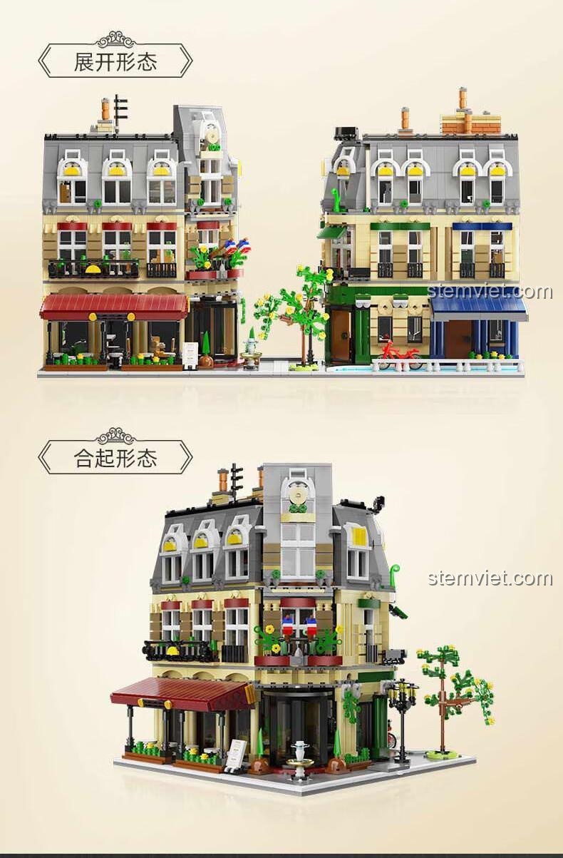 Tính năng chuyển đổi giữa hai dạng trưng bày của bộ xếp hình CaDA 66009, từ dạng góc phố sang dạng mở.