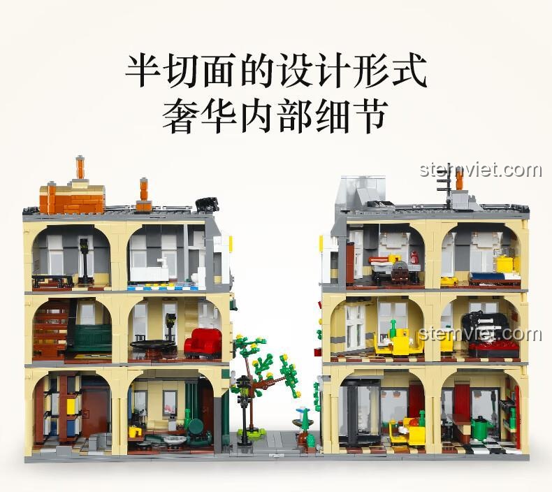 Cận cảnh các chi tiết ngoại thất: đài phun nước, thực đơn, cờ, đèn đường, xe đạp, cửa sổ.