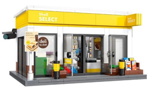 Mô hình hoàn thiện của bộ lắp ráp Cửa hàng tiện lợi Shell CaDA C66027 với màu vàng và trắng chủ đạo, phù hợp cho bé 8 tuổi.