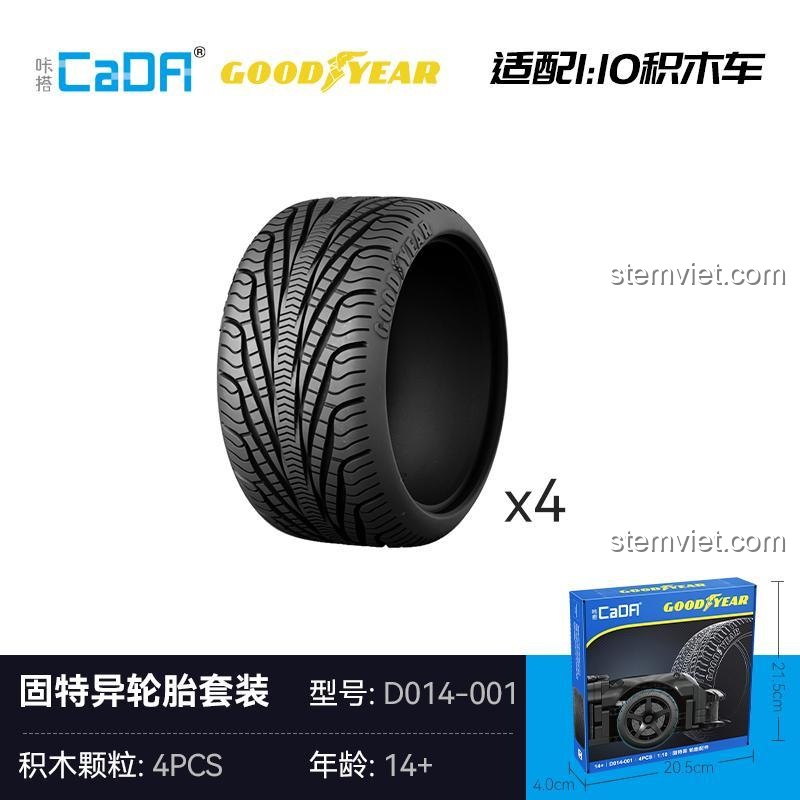 Kích thước hộp bộ lốp xe mô hình 1:10 CaDA D014001, gồm 4 lốp, phù hợp cho bé trai trên 14 tuổi.