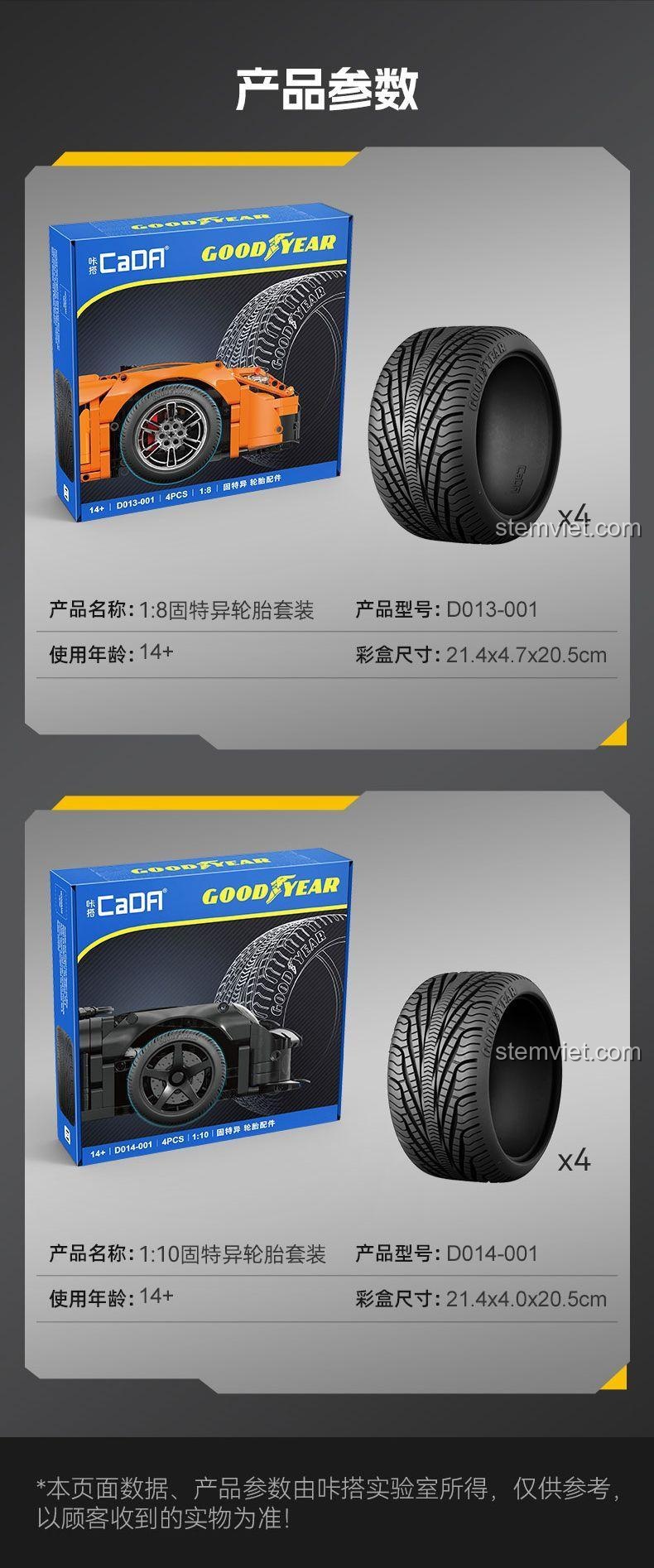 Thông số kỹ thuật chi tiết của bộ lốp xe Goodyear CaDA D014-001 và D013-001.