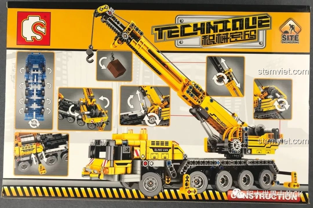 Mặt sau hộp bộ lắp ráp SEMBO 701800 Xe Cẩu hạng nặng, mô tả các chức năng và cơ chế hoạt động của mô hình.