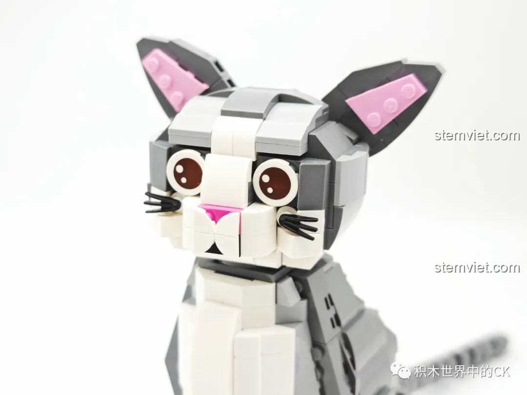 Ảnh chụp cận cảnh khuôn mặt của mô hình ZHEGAO DZ6118 Mèo cưng bằng gạch, chi tiết mắt, mũi, miệng và râu.