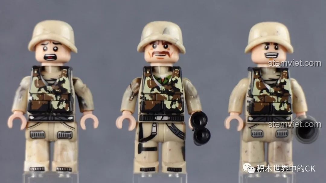 Cận cảnh 3 minifigures lính mặt đất của bộ Xingbao XB 06022 Máy bay quân sự A-10, chi tiết in sắc nét.