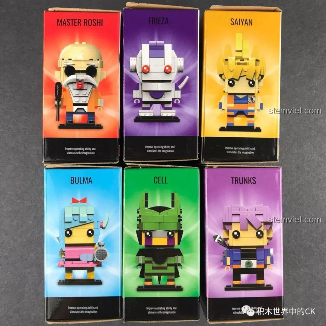 Cạnh bên các hộp đồ chơi lắp ráp Decool Dragon Ball với tên các nhân vật Master Roshi, Frieza, Saiyan, Bulma, Cell, Trunks.