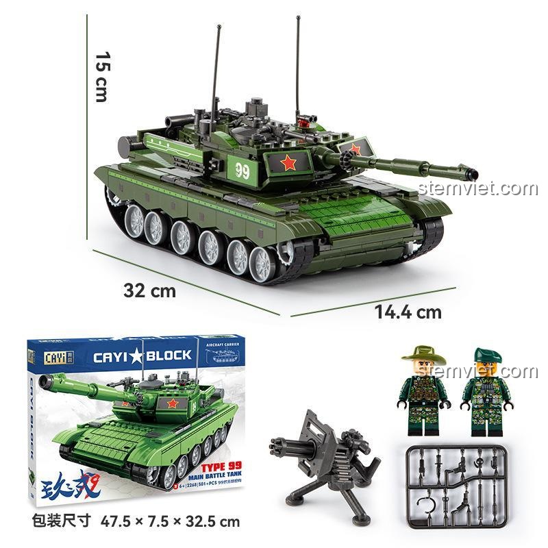 Ảnh chi tiết kích thước và các bộ phận của bộ xếp hình CAYI 2268 Xe tăng Type 99, bao gồm 2 minifigures và hộp sản phẩm.
