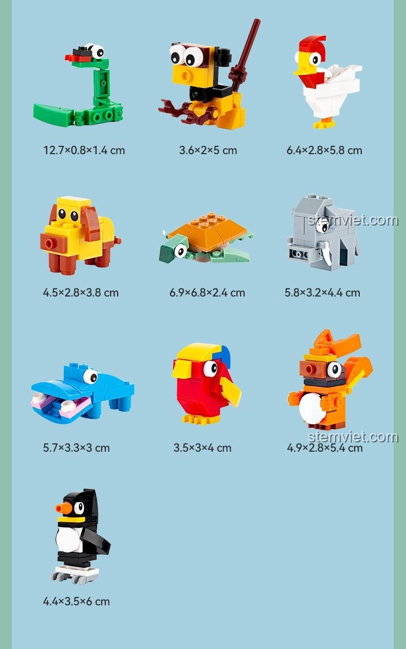 Kích thước chi tiết của từng mô hình động vật trong đồ chơi xây dựng thế giới động vật, đồ chơi mô hình cho bé