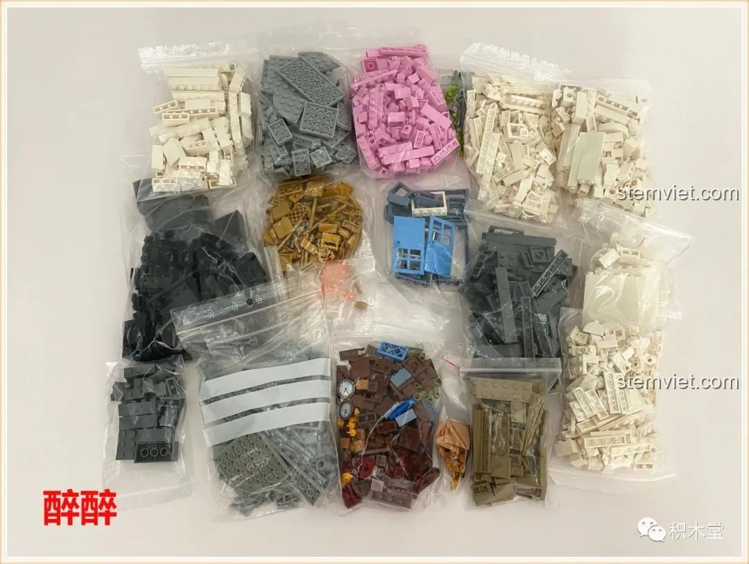 Các túi chi tiết của bộ đồ chơi Tiệm Đồng Hồ Của Bác Thợ 10010 được phân loại rõ ràng, sẵn sàng để lắp ráp.