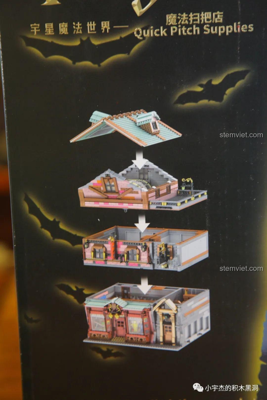 Chi tiết mặt sau hộp Mould King 16039, minh họa cấu trúc module 4 tầng có thể tháo rời của tòa nhà.