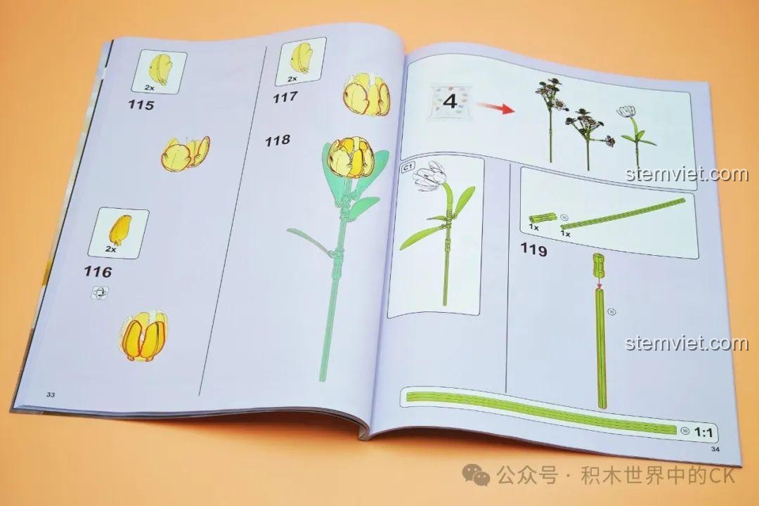 Hướng dẫn từng bước lắp ráp hoa tulip và cúc họa mi trong sách của bộ BAKA 33802, rất trực quan và dễ hiểu.