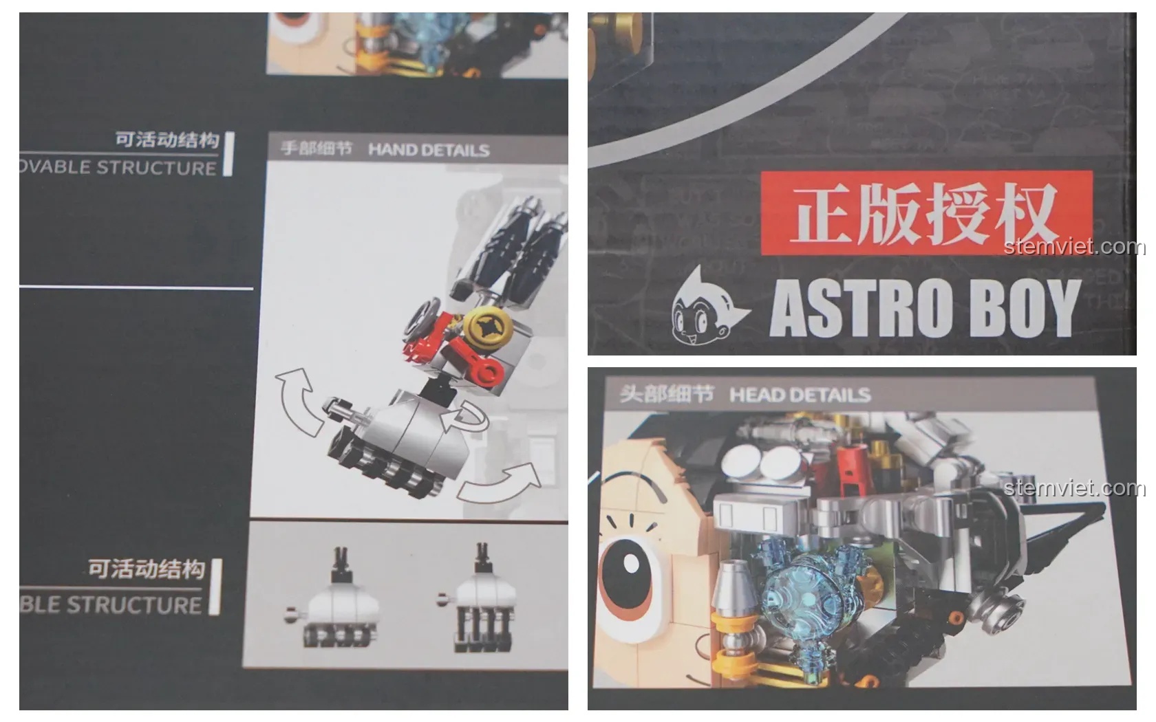 Chi tiết mặt sau hộp Pantasy 86203, mô tả cấu trúc khớp và chi tiết đầu của Tượng Astro Boy, thể hiện sự tỉ mỉ.