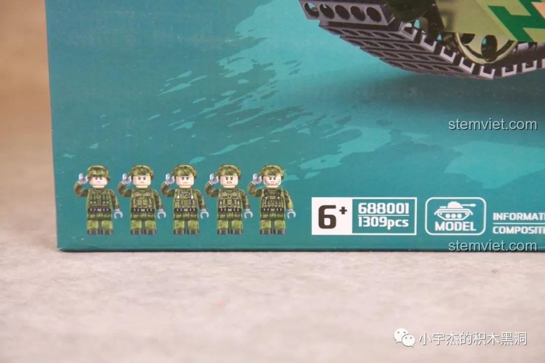 Cận cảnh thông tin 5 minifigures và 1291 chi tiết trên hộp đồ chơi mô hình Xe tăng Type 99A Panlos Brick 688001.