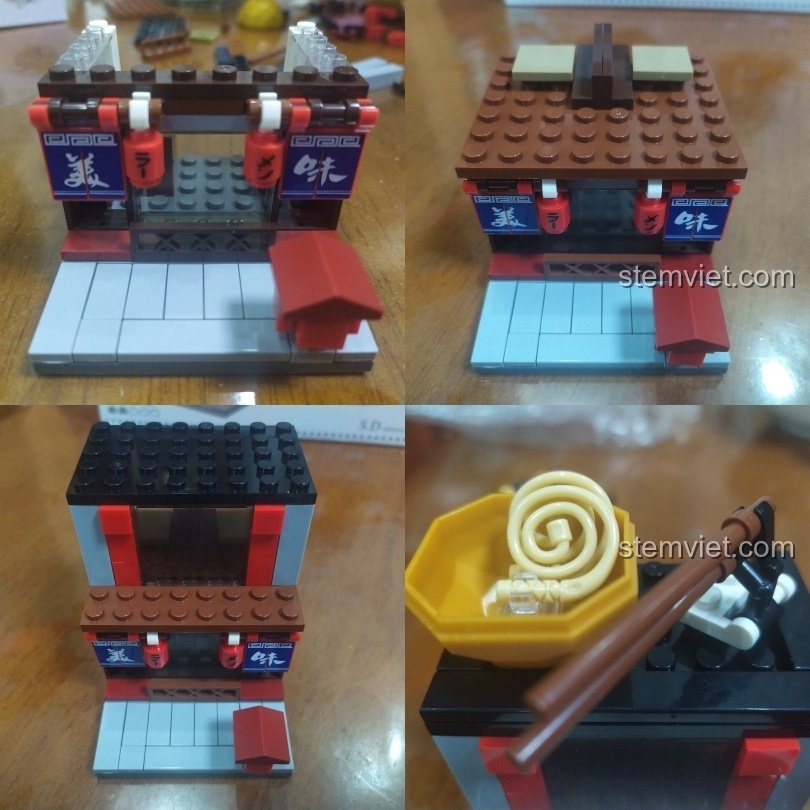 Chi tiết mặt tiền và mái hiên của tiệm mì Ramen Sembo 6039, có đèn lồng, rèm cửa và tô mì khổng lồ.
