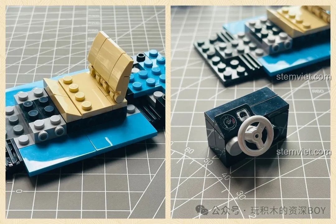 Cận cảnh chi tiết ghế ngồi và vô lăng trong khoang lái của bộ lắp ráp Pinbo PB8805 Xe Volkswagen Beetle Cắm Trại.