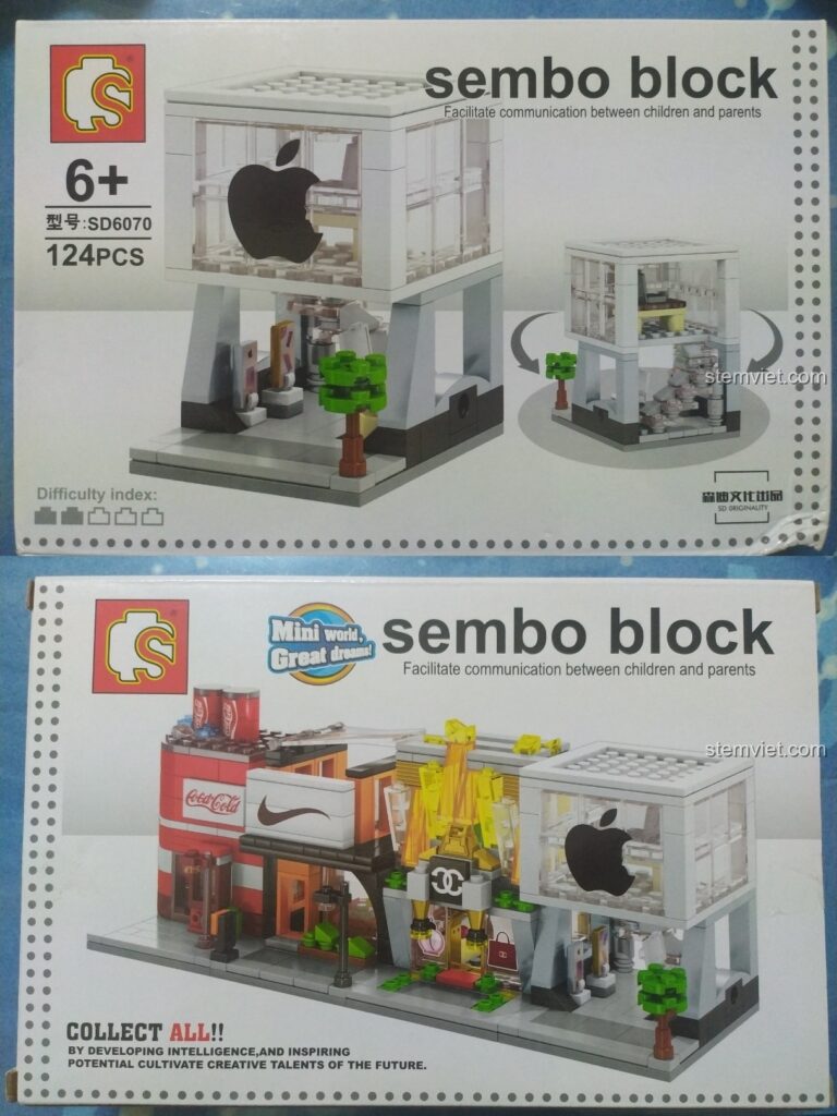 Hộp của hai bộ lắp ráp SEMBO SD6070 Tiệm Táo và một bộ khác trong series Phố Mini. Review chi tiết đồ chơi xây dựng cho bé.