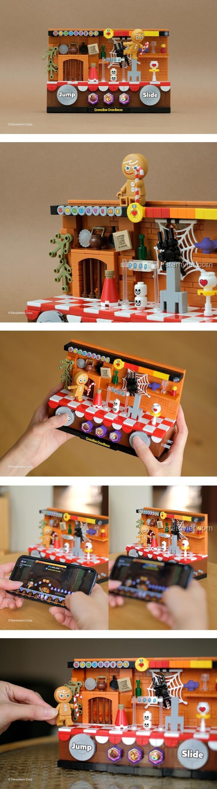 Hình ảnh thể hiện kích thước của Cảnh game CookieRun CR-OVENBREAK khi cầm trên tay và so sánh với điện thoại đang chơi game.