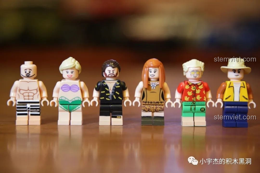 Dàn 6 minifigures hoàn chỉnh của bộ lắp ráp Khách sạn Cuba, với trang phục mùa hè sặc sỡ.
