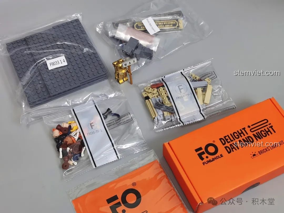 Các túi phụ kiện, minifigures và bộ đèn LED của bộ lắp ráp FunWhole F9033.