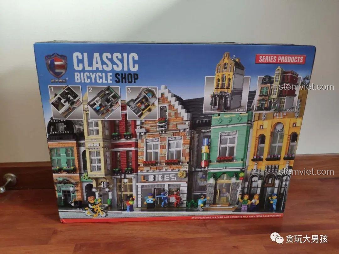 Mặt sau vỏ hộp Leier 10004 Cửa hàng xe đạp, giới thiệu các bộ khác trong cùng series tòa nhà góc phố.