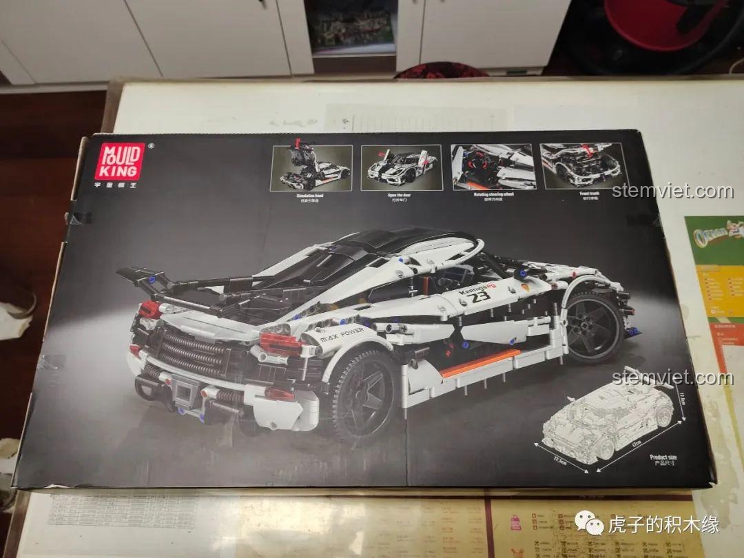 Mặt sau hộp đồ chơi xây dựng Kiệt tác công nghệ Koenigsegg One:1 Mould King, mô tả các chức năng của xe.