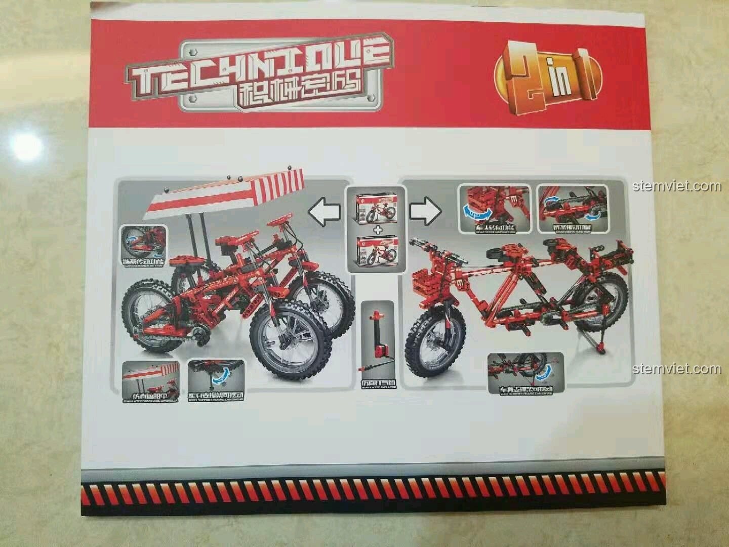 Mặt sau hộp Sembo 703302 Xe đạp địa hình, minh họa khả năng kết hợp 2 bộ thành các mẫu xe khác nhau.