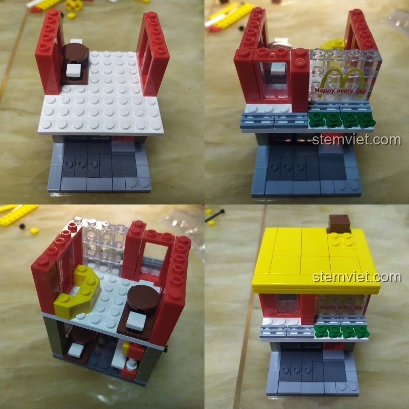 Các bước hoàn thiện tầng 2 của bộ lắp ghép Sembo Block SD6012, bao gồm tường, cửa sổ và mái nhà màu vàng.