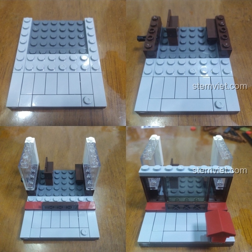 Các bước lắp ráp đầu tiên của mô hình quán mì Ramen Sembo SD6039, từ phần móng đến dựng tường tầng một.