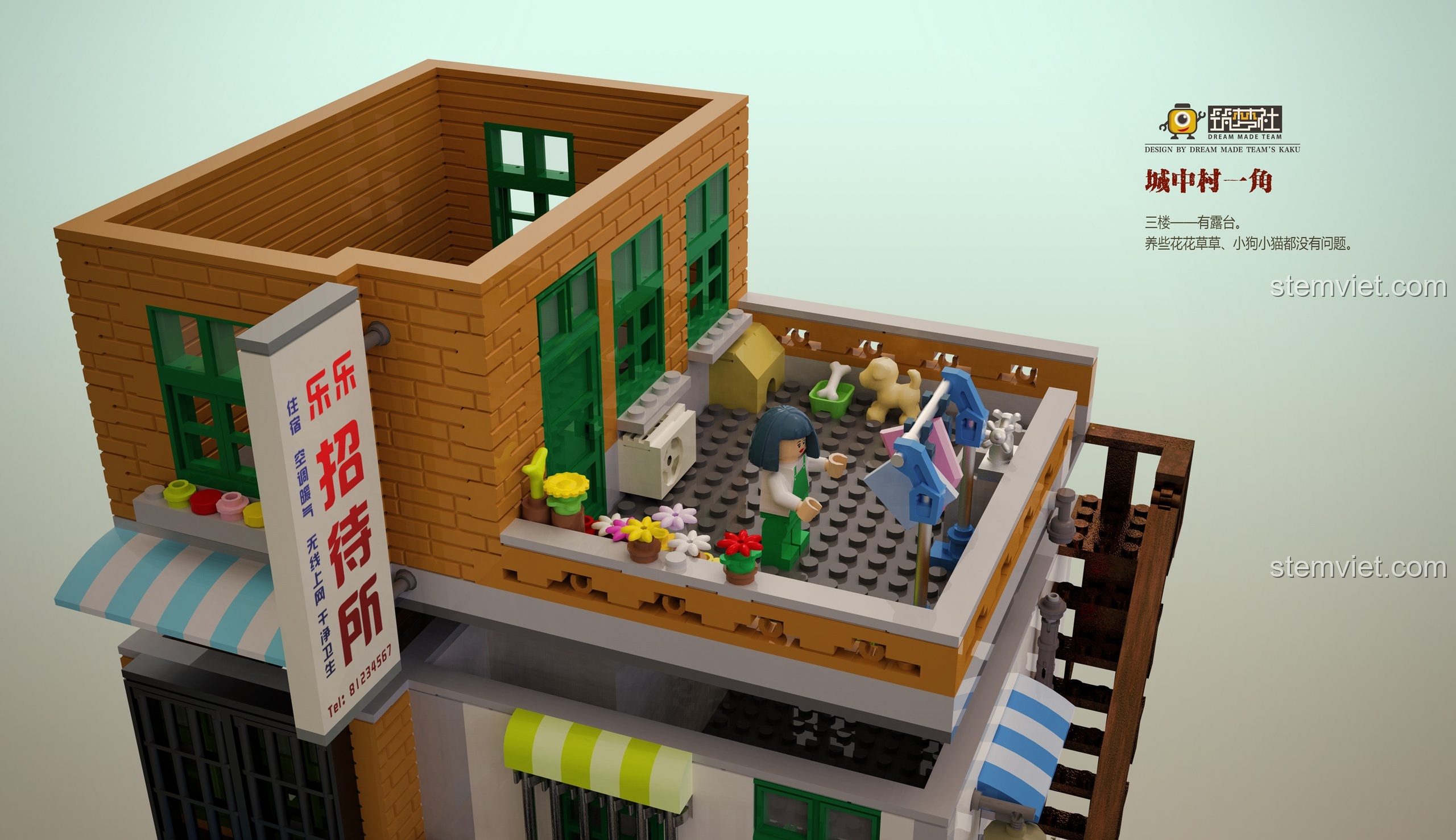 Đánh giá XINGBAO XB01013 Mô hình Khu Phố Cổ với cảnh sinh hoạt đời thường trên sân thượng, có cả chuồng chó nhỏ.