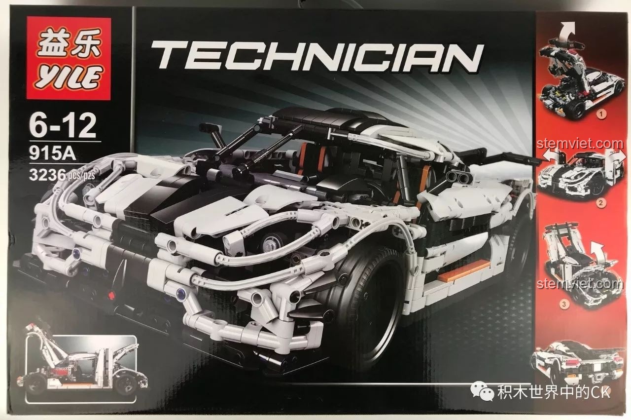 Mặt trước hộp đồ chơi lắp ráp Mô hình Koenigsegg One:1 YILE 915A, thể hiện hình ảnh siêu xe Technic hầm hố, mã 915A.