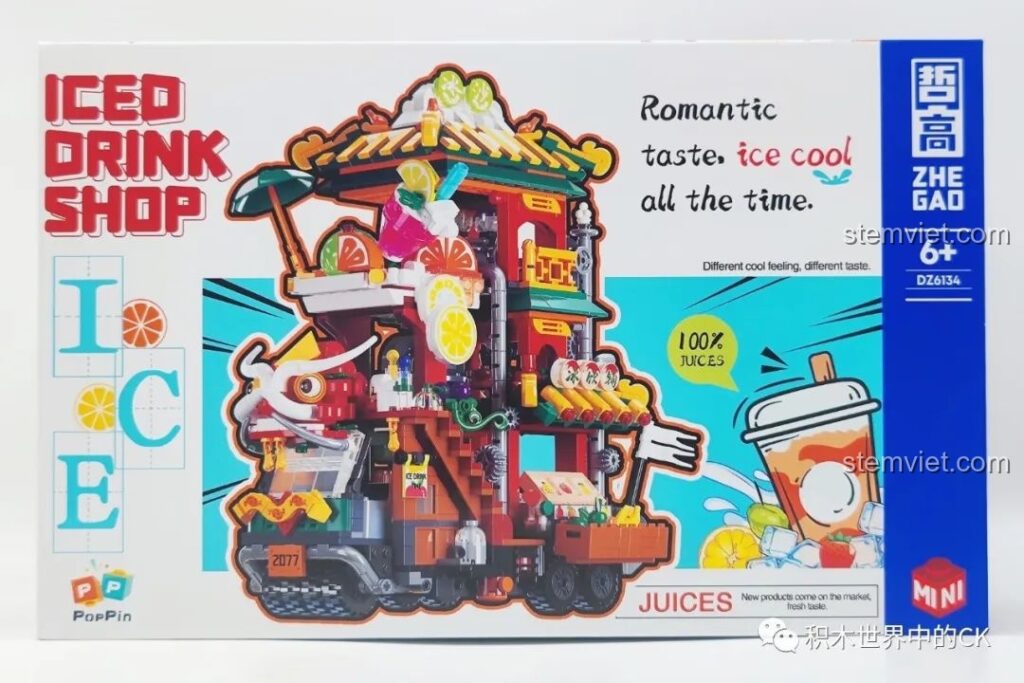 Mặt trước hộp đồ chơi lắp ráp Zhegao DZ6134 Xe bán nước ép Rồng, hiển thị mô hình xe tải hoàn chỉnh đầy màu sắc.