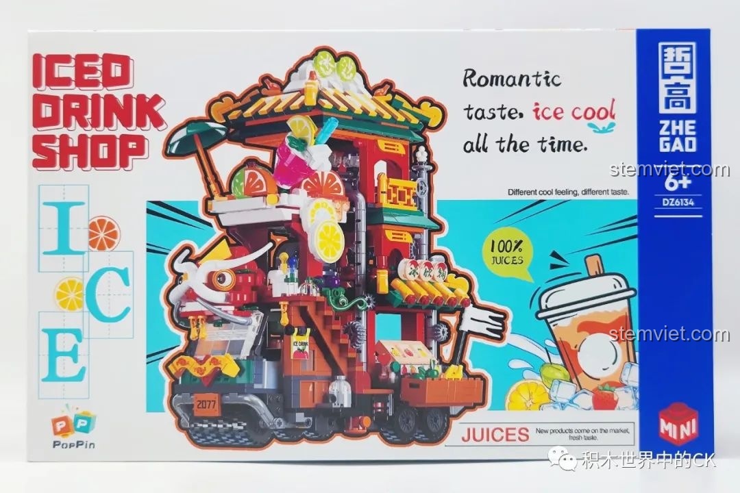 Mặt trước hộp đồ chơi lắp ráp Zhegao DZ6134 Xe bán nước ép Rồng, hiển thị mô hình xe tải hoàn chỉnh đầy màu sắc.