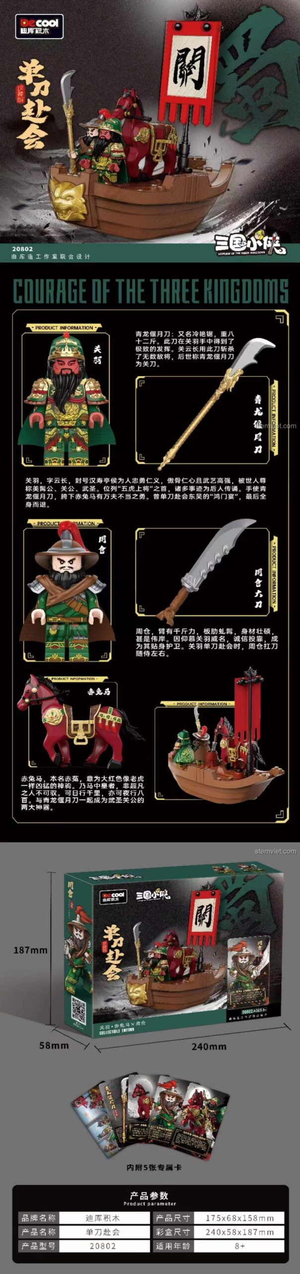 Ảnh thông tin chi tiết bộ lắp ghép Tướng Quan Vũ thời Tam Quốc, bao gồm kích thước hộp, kích thước mô hình và các nhân vật.