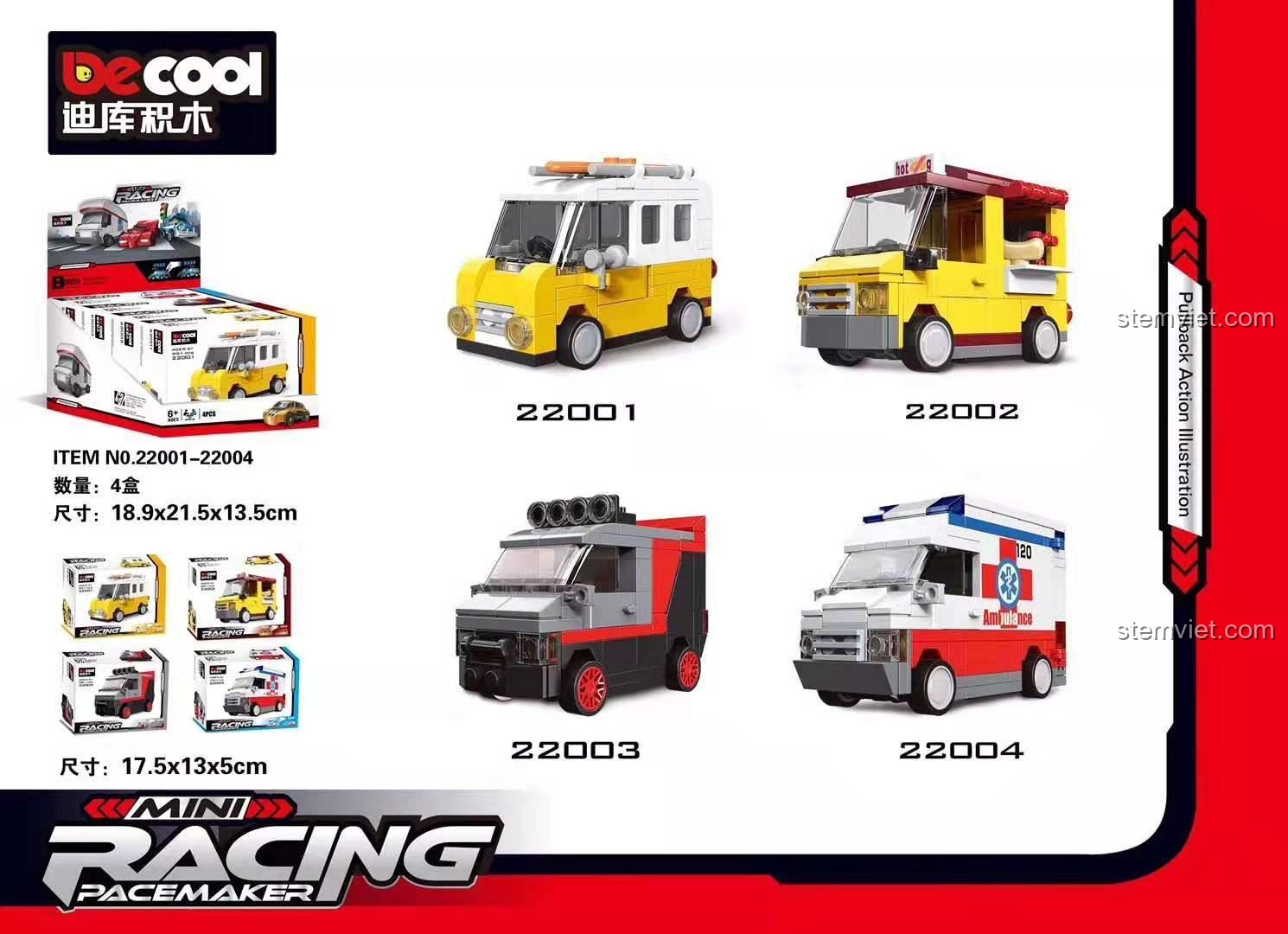 Hình ảnh bộ lắp ghép Xe tải bán đồ ăn Decool 22002 và vỏ hộp, với 88 mảnh ghép, phù hợp cho con trai trên 6 tuổi.