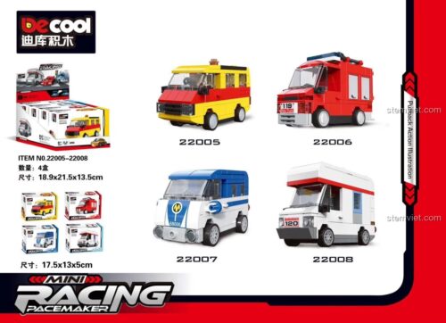 Trọn bộ đồ chơi lắp ráp DECOOL series Mini Racing Pacemaker, bao gồm mẫu xe cứu hỏa 22006. Đồ chơi sáng tạo cho bé.