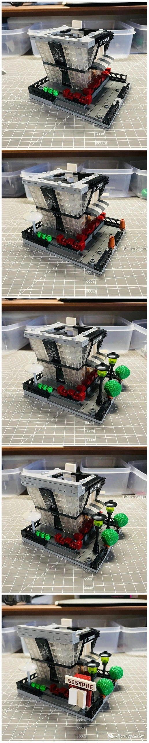 Các chi tiết phụ như đèn đường, cây xanh và cột totem làm tăng tính chân thực cho mô hình hiệu sách Winwill Books SEMBO.