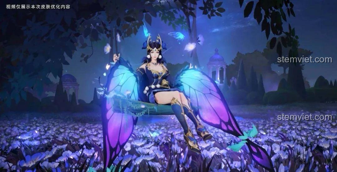 Hình ảnh Điêu Thuyền Giấc Mơ Đêm Hè trong game Vương Giả Vinh Diệu, minh họa trang phục và tư thế ngồi xích đu.