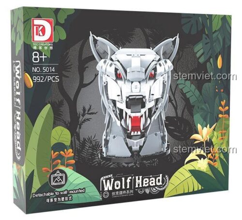 Mô hình đầu sói DK 5014 nhìn chính diện, bộ lắp ráp dành cho bé trai 8 tuổi.