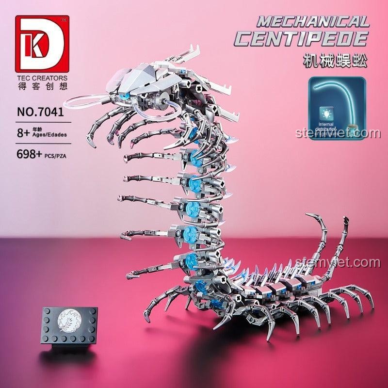 Ảnh quảng cáo chính thức của bộ xếp hình DK 7041 Rết Máy, nhấn mạnh vào thiết kế cơ khí và hiệu ứng ánh sáng.