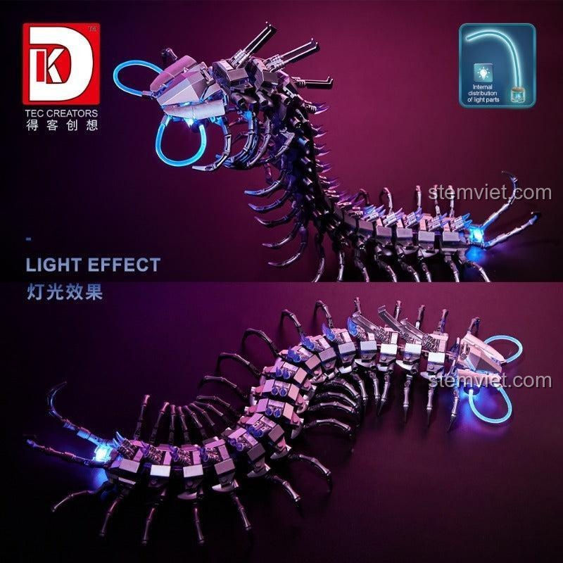 Hiệu ứng ánh sáng của bộ đồ chơi mô hình Rết Cơ Khí DK, tỏa sáng trong bóng tối tạo vẻ ma mị.
