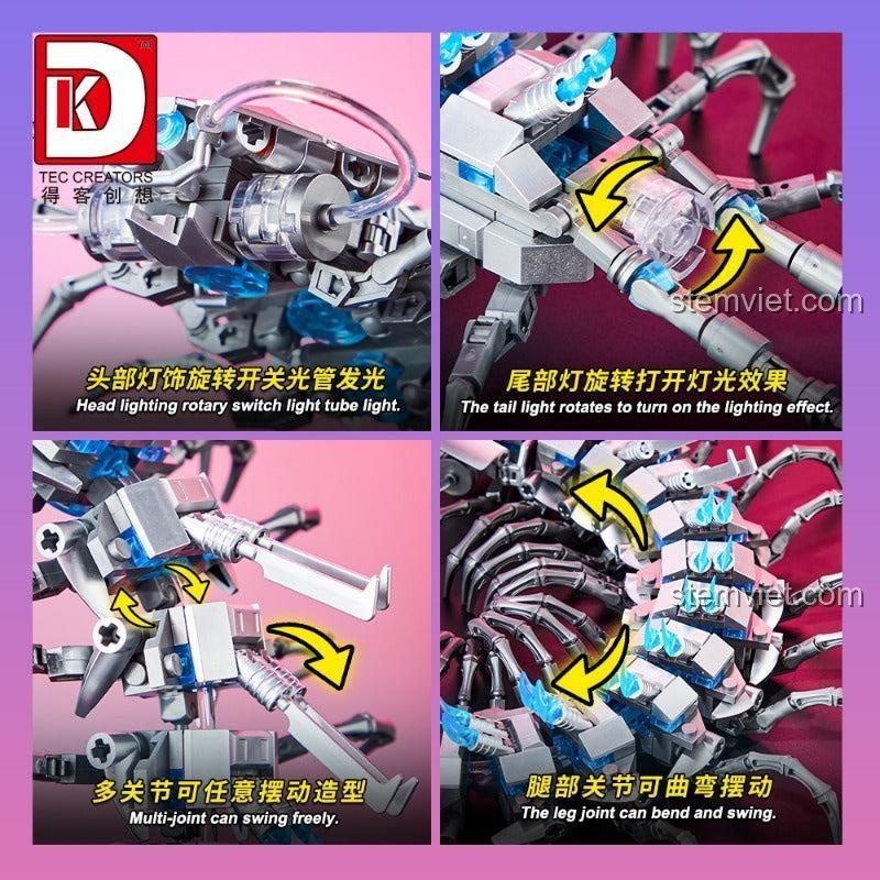 Hướng dẫn các tính năng của đồ chơi lắp ghép Quái vật Rết Máy 7041: công tắc đèn, khớp nối linh hoạt.