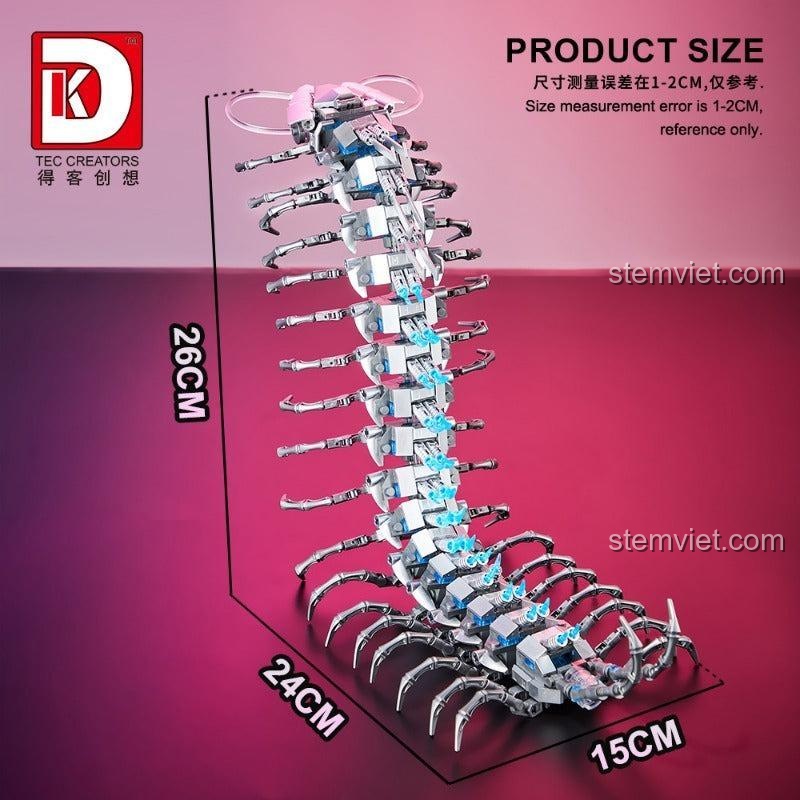 Ảnh thể hiện kích thước của mô hình Rết Máy Cơ Khí DK 7041, với chiều cao 26cm, dài 24cm và rộng 15cm.