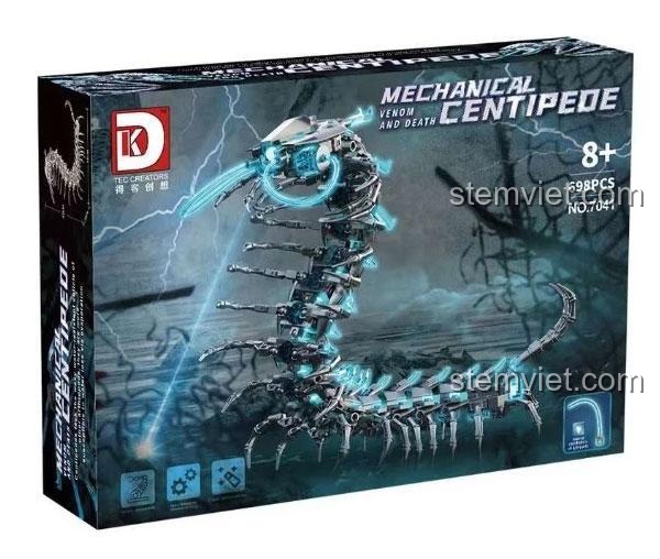 Mô hình Rết Máy Cơ Khí DK 7041 hoàn chỉnh với các chi tiết phát sáng màu xanh dương nổi bật trên thân màu xám đen.