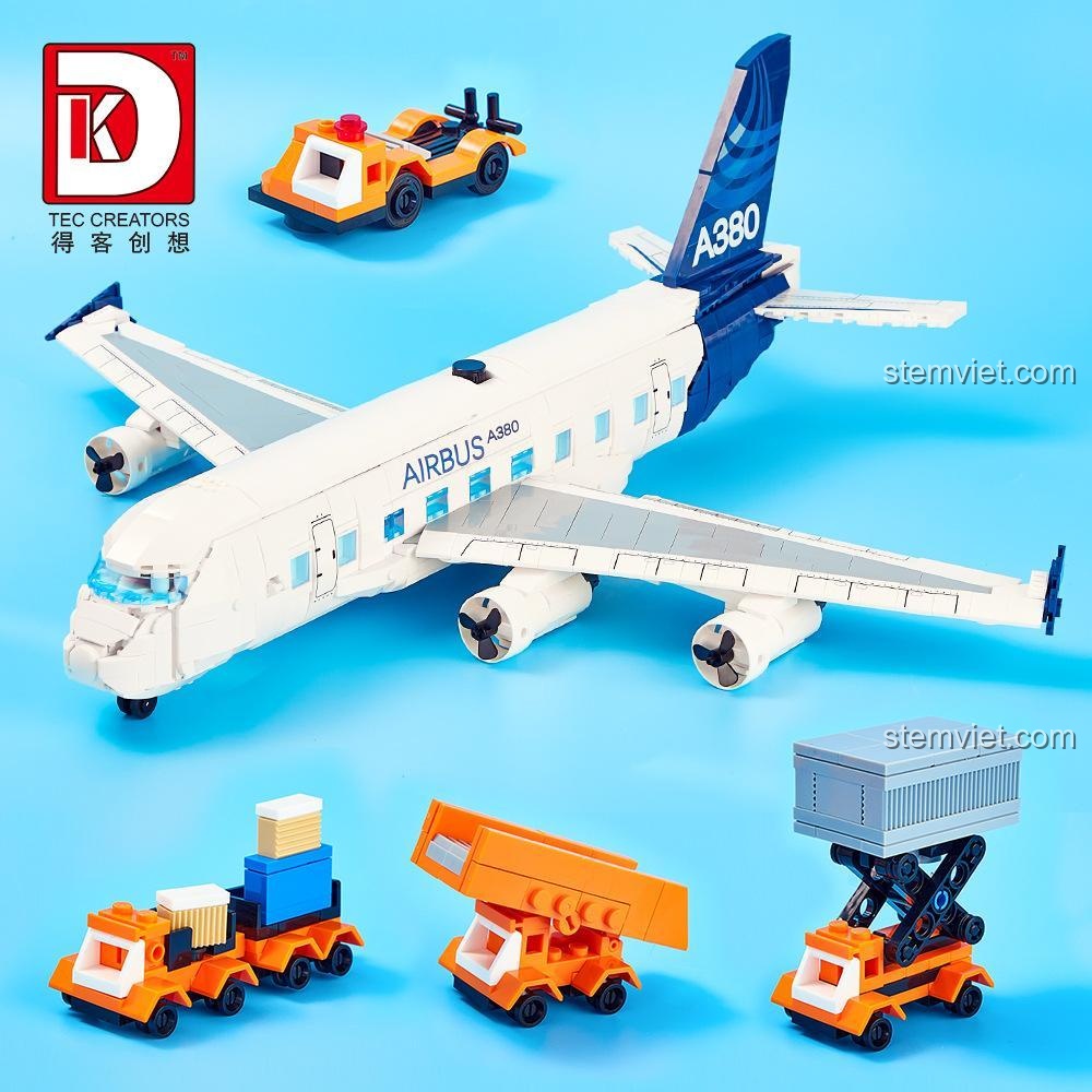 Mô hình máy bay Airbus A380 DK 80008 được trưng bày trên giá đỡ, thể hiện vẻ đẹp và sự hùng vĩ của siêu máy bay A380, đồ chơi mô hình lý tưởng để trang trí.